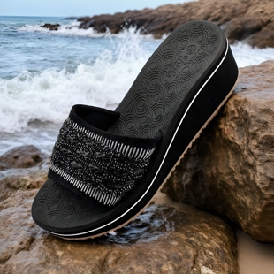 新款 平仙一字套脚女士防滑坡跟沙滩旅游亮片橡胶凉拖 进口越南拖鞋