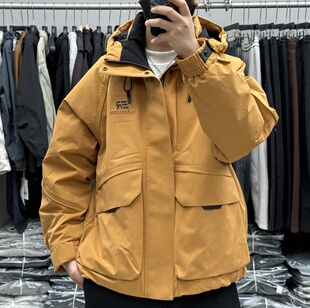 潮牌户外大口袋工装 加厚保暖三防90白鸭绒冲锋衣 连帽羽绒服男冬季