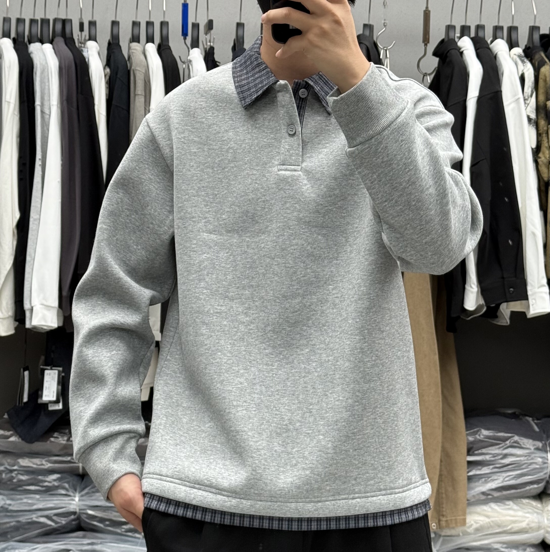 叁洵冬季新款男高级感格子拼接翻领加绒卫衣美式复古保暖Polo衫潮