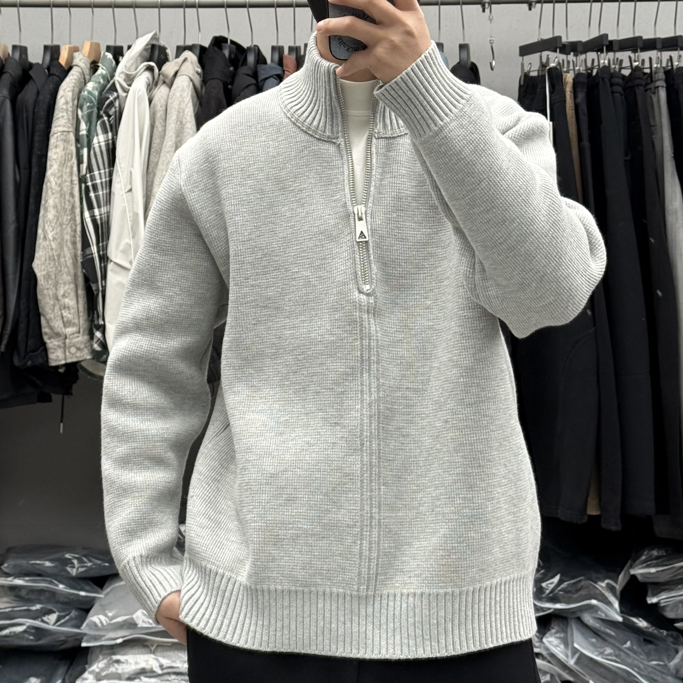 高端重磅复古半拉链立领毛衣男冬季潮流宽松保暖加厚百搭针织外套
