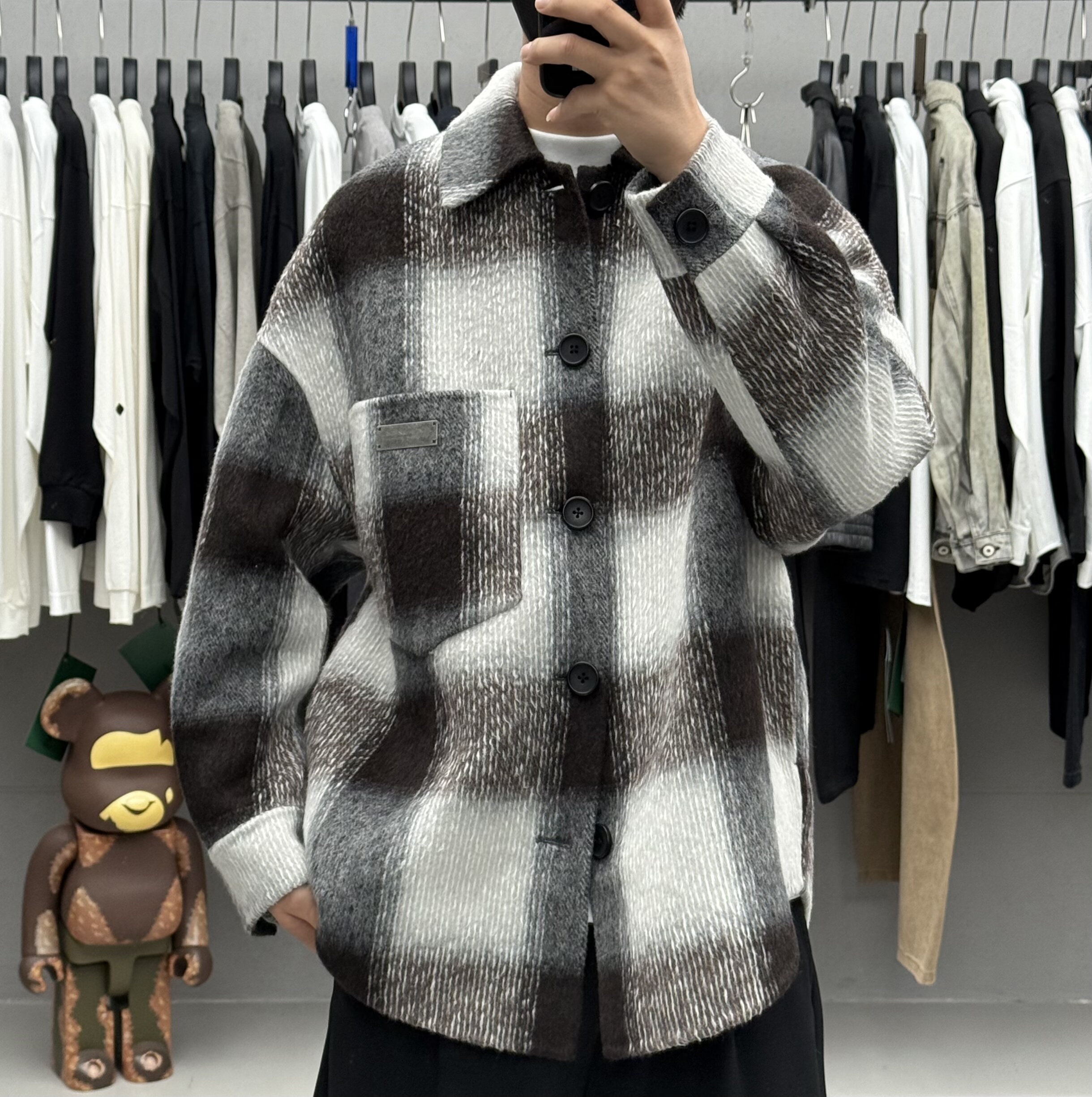 高级感复古撞色格子双面羊毛呢大衣男秋冬韩系加厚保暖羊驼毛外套