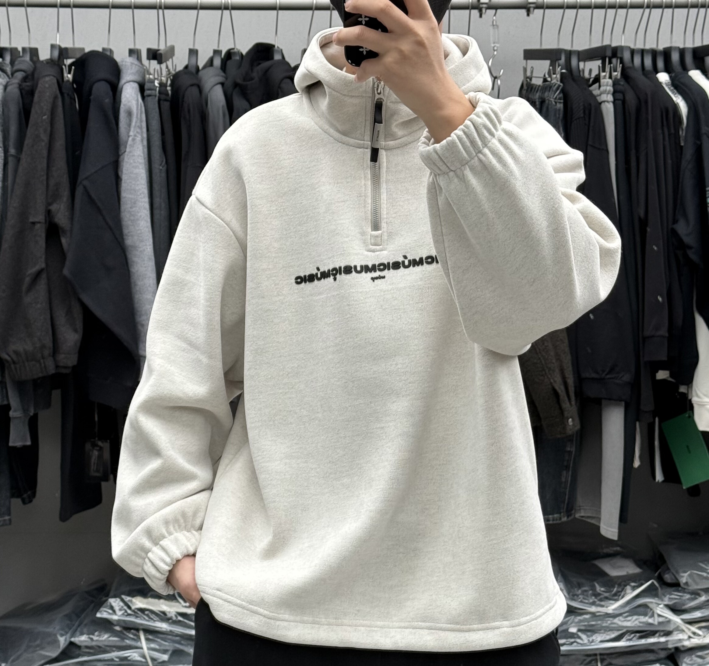 首印冬季重磅字母印花半拉链连帽加绒卫衣男潮牌宽松保暖痞帅帽衫