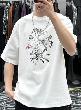 OD1夏季新款男高端复古花朵印花圆领短袖T恤美式潮流宽松痞帅半袖