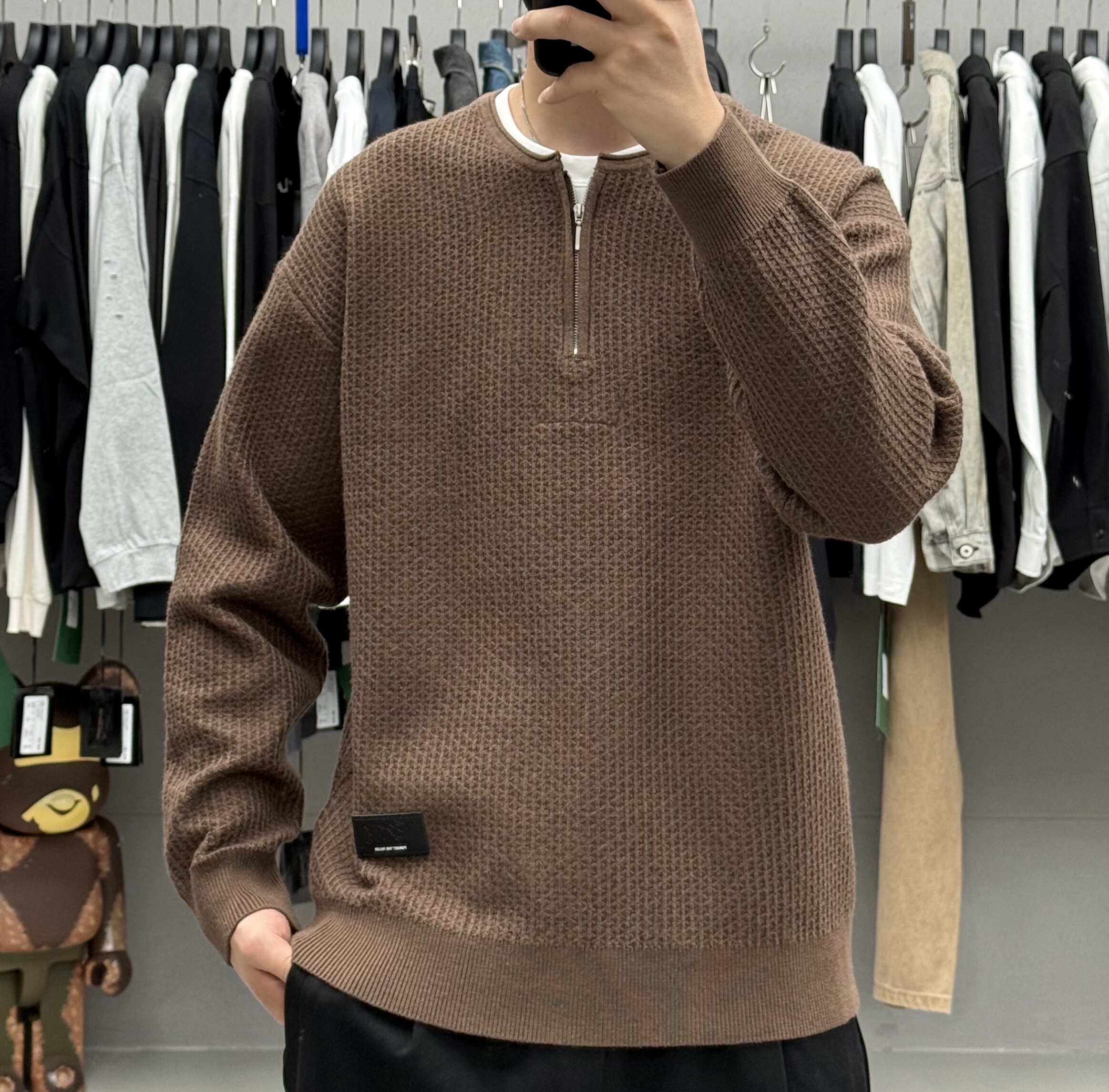 福厶秋冬男高级感轻奢简约假两件圆领套头毛衣韩系宽松保暖打底衫