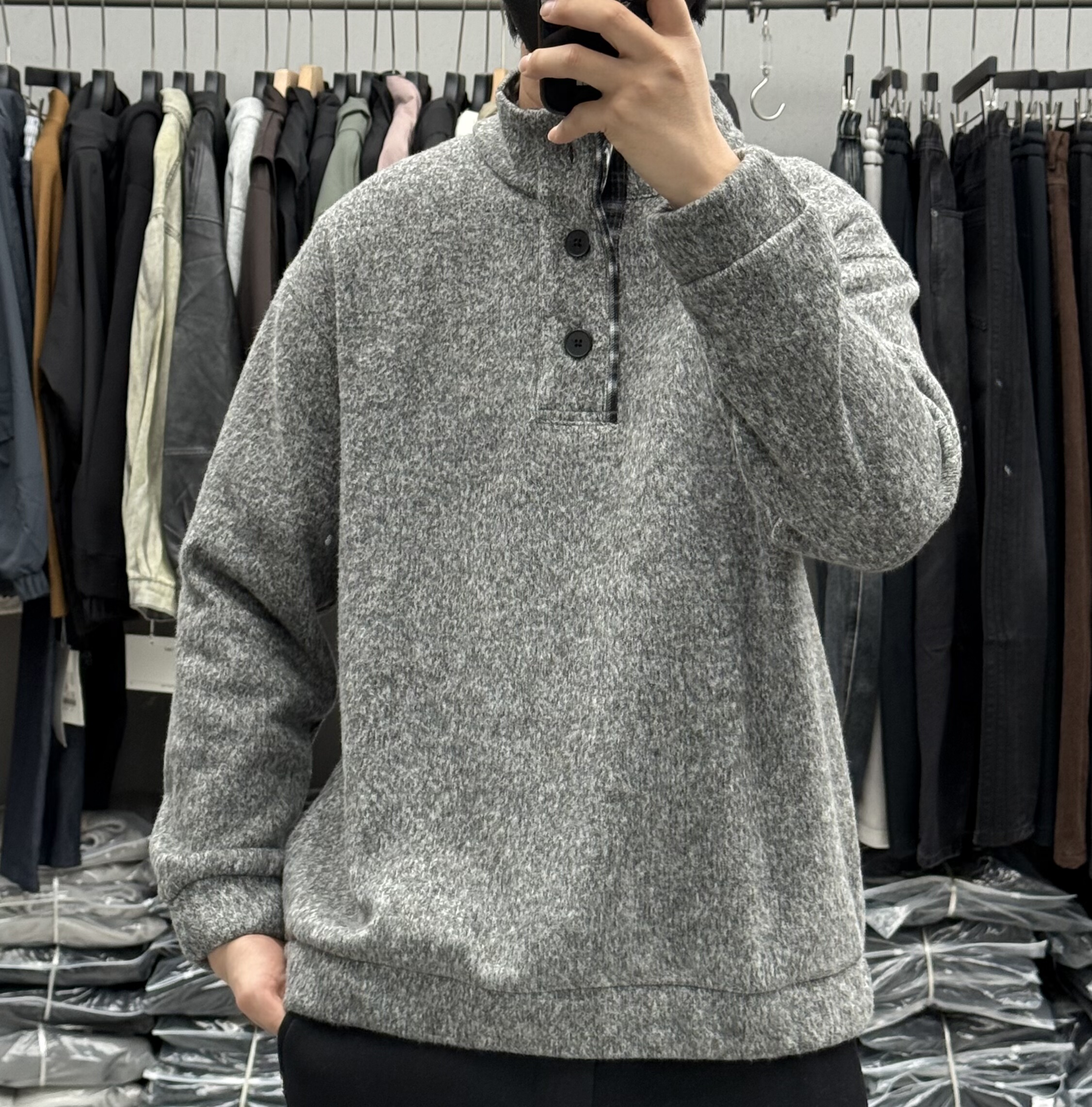 美式复古重磅呢料半开襟立领加绒卫衣男冬季加厚保暖宽松休闲外套