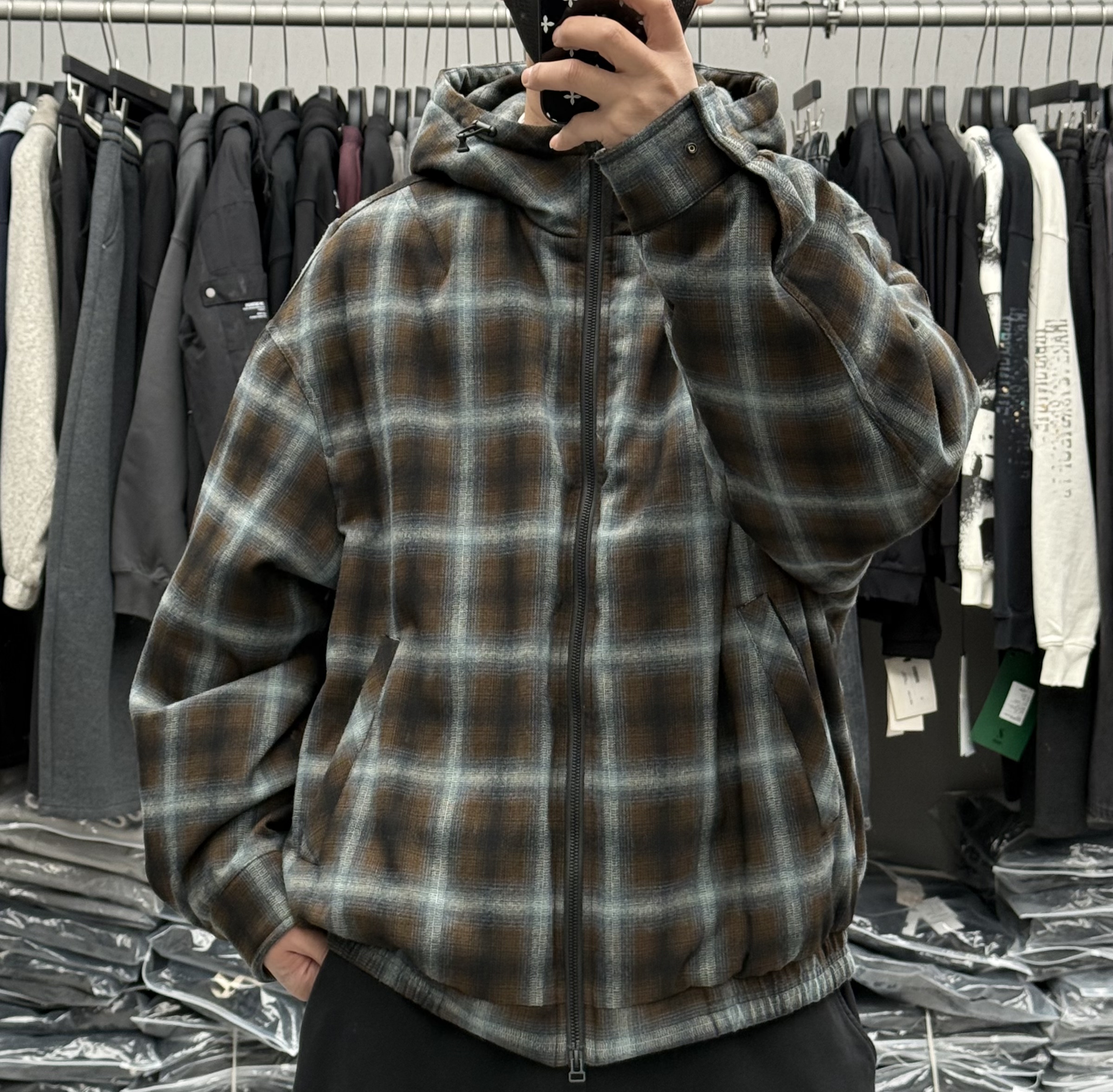 美式潮牌复古格子拼接连帽羽绒服男冬季户外宽松保暖90白鸭绒外套