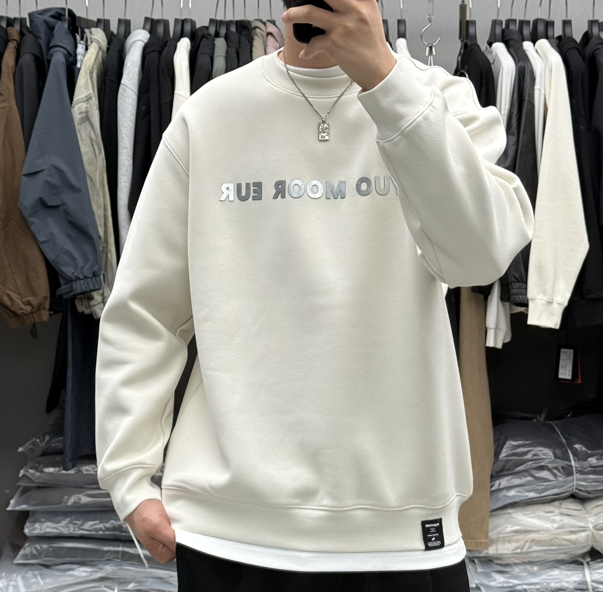 高品质字母印花假两件圆领加绒卫衣男士秋冬潮牌加厚保暖内搭上衣