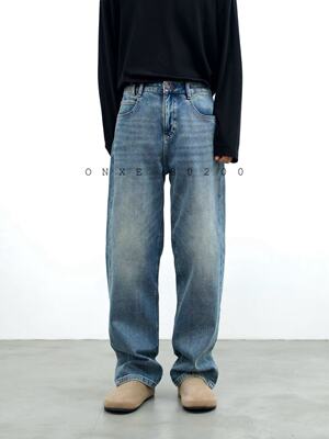 ONXE春季男复古水洗做旧四面弹力直筒牛仔裤美式宽松通勤显瘦长裤
