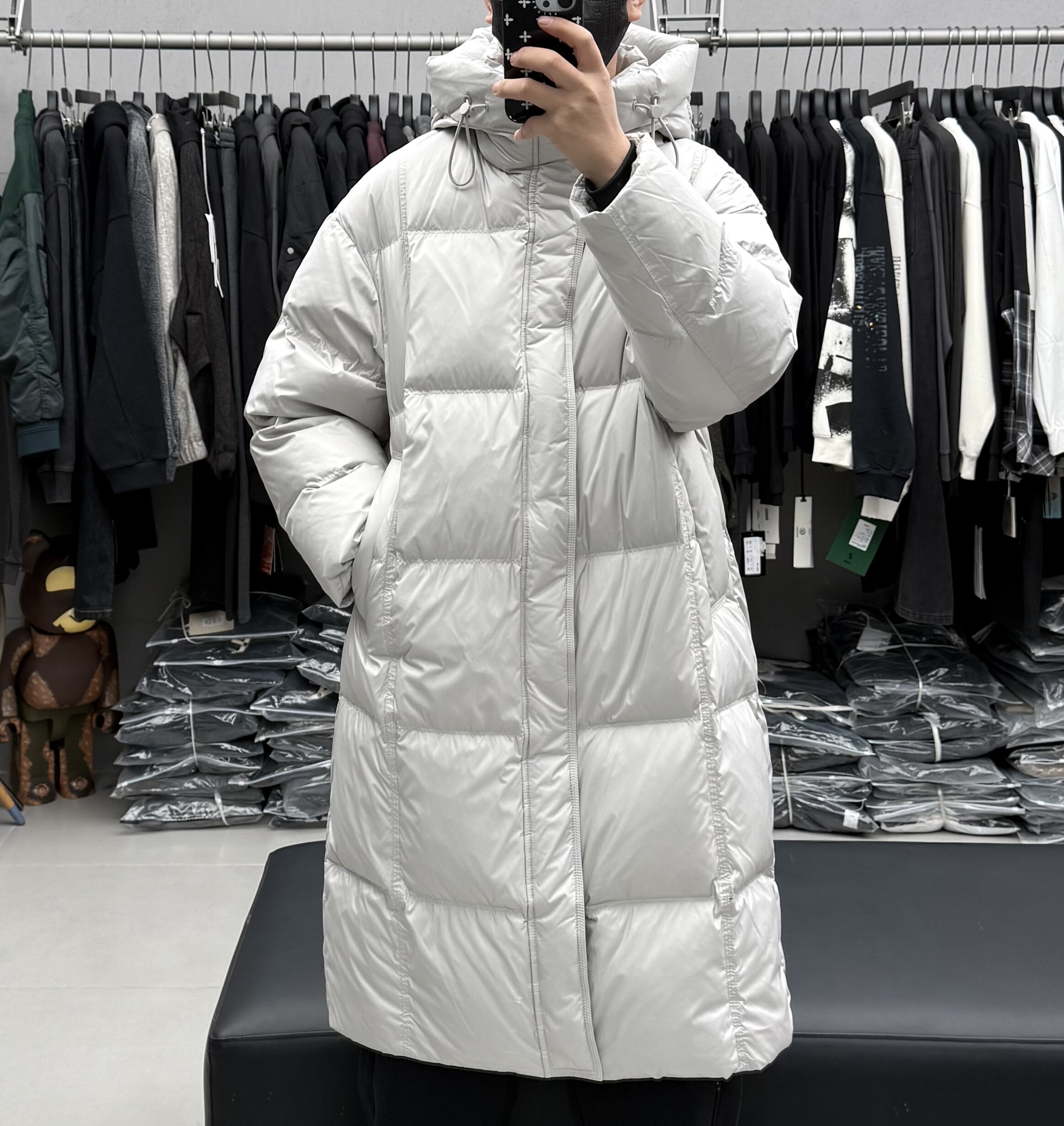 户外高充蓬松感中长款连帽大码羽绒服男冬季纯色加厚保暖御寒外套