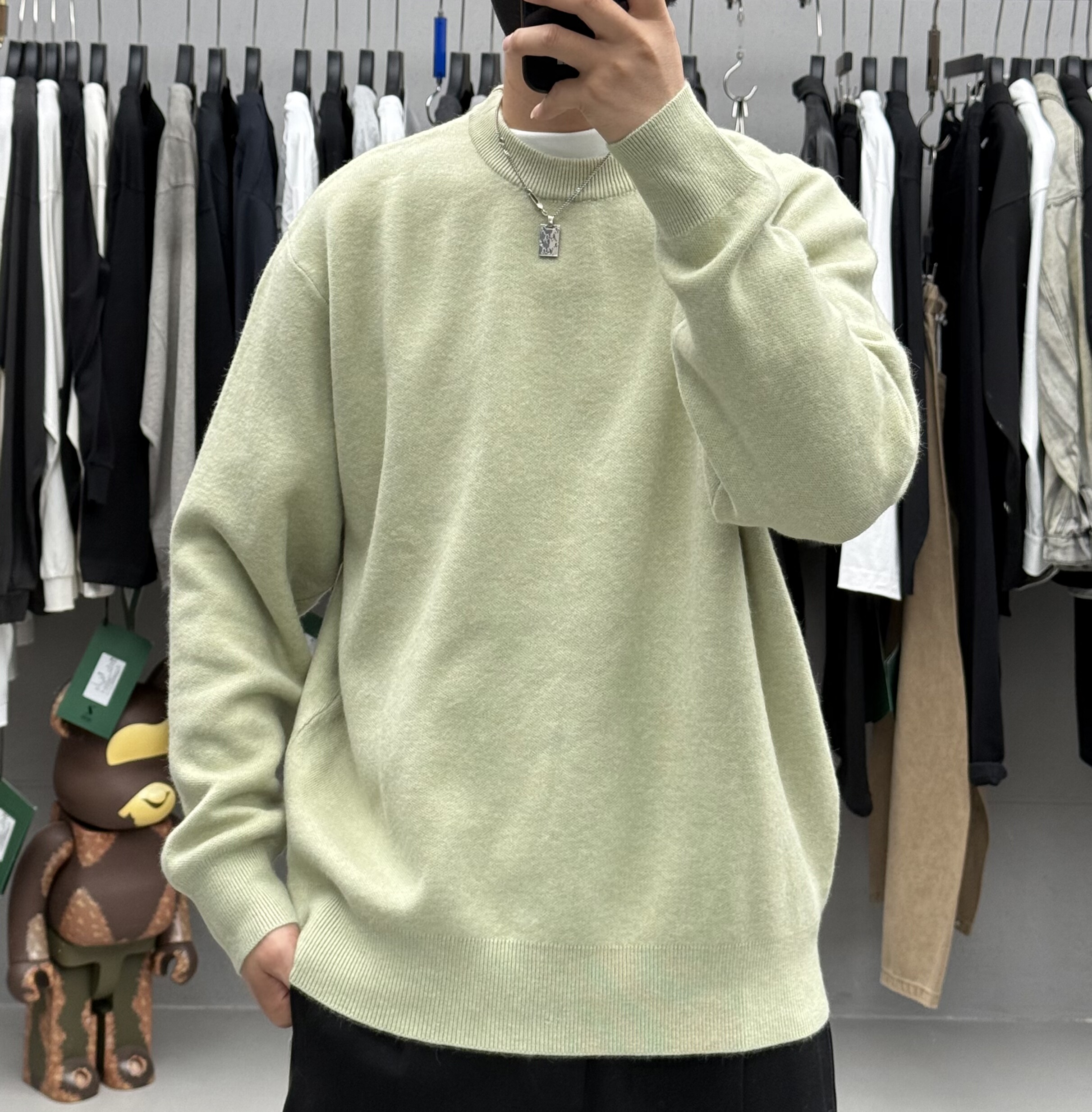 QFO秋冬男高端极简净版纯色套头毛衣韩系宽松加厚保暖打底针织衫