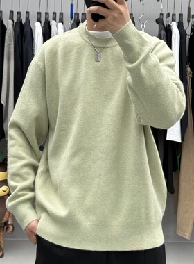 QFO秋冬男高端极简净版纯色套头毛衣韩系宽松加厚保暖打底针织衫