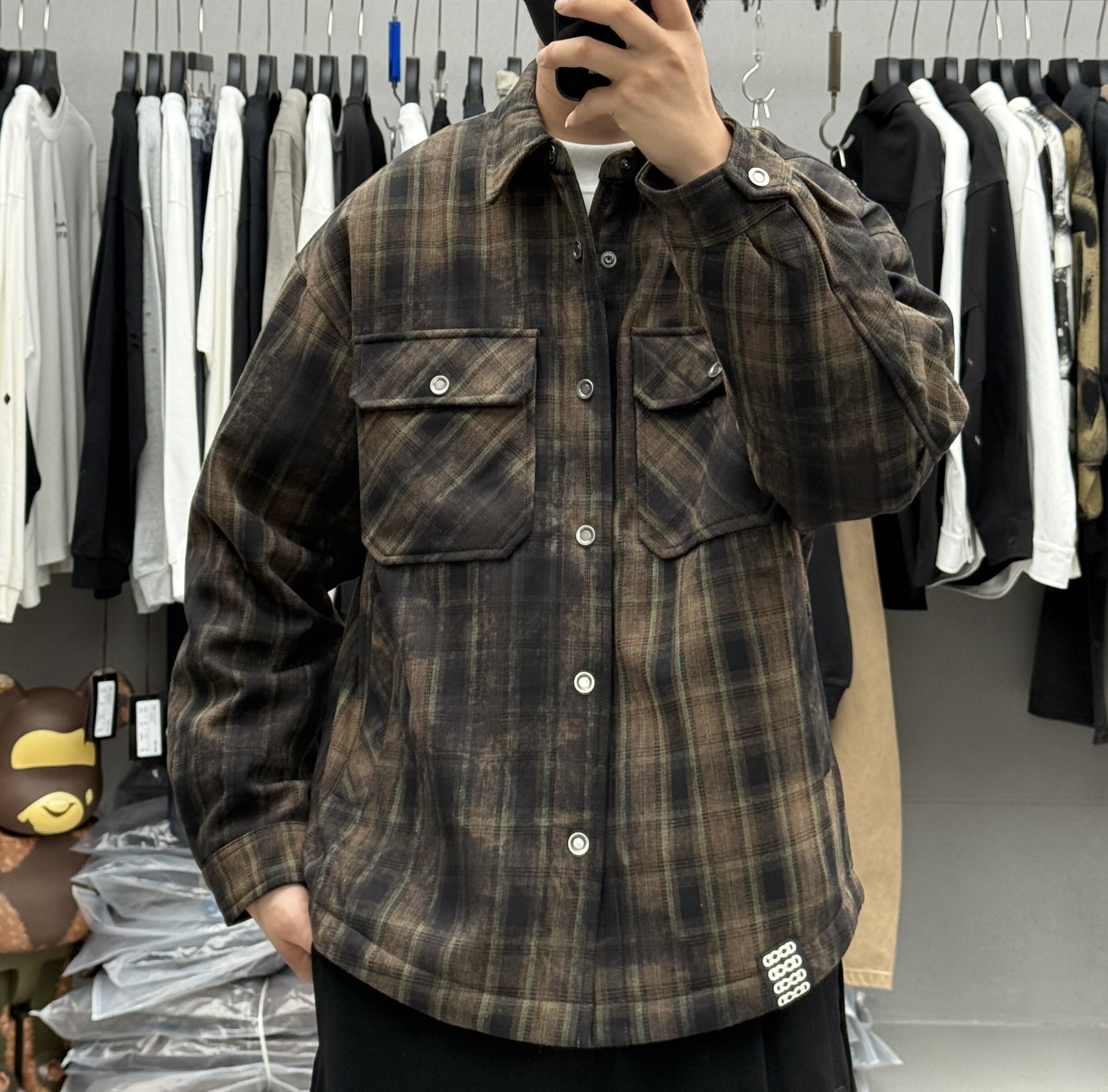 日系复古扎染做旧工装格子衬衫款轻薄羽绒服男冬季通勤保暖外套潮