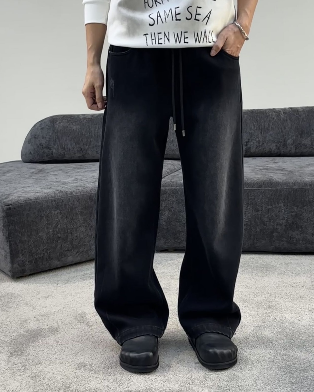 木高冬季男复古水洗做旧直筒休闲裤美式宽松加绒保暖阔腿痞帅长裤