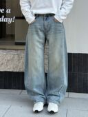 男潮牌水洗做旧泼墨弯刀裤 牛仔裤 美式 互道春季 复古宽松痞帅阔腿裤