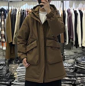 JNV冬季新款男中长款连帽工装羽绒服日系加厚保暖兔毛内胆派克服