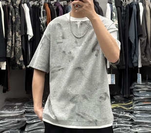 山形夏季新款男扎染做旧假两件拼接圆领短袖T袖韩系休闲薄款半袖t