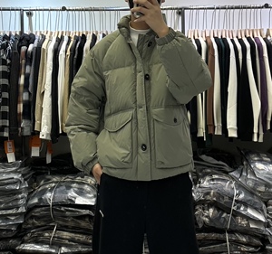 YS冬季新款男纯色复古立领工装羽绒服日系百搭加厚保暖白鸭绒外套