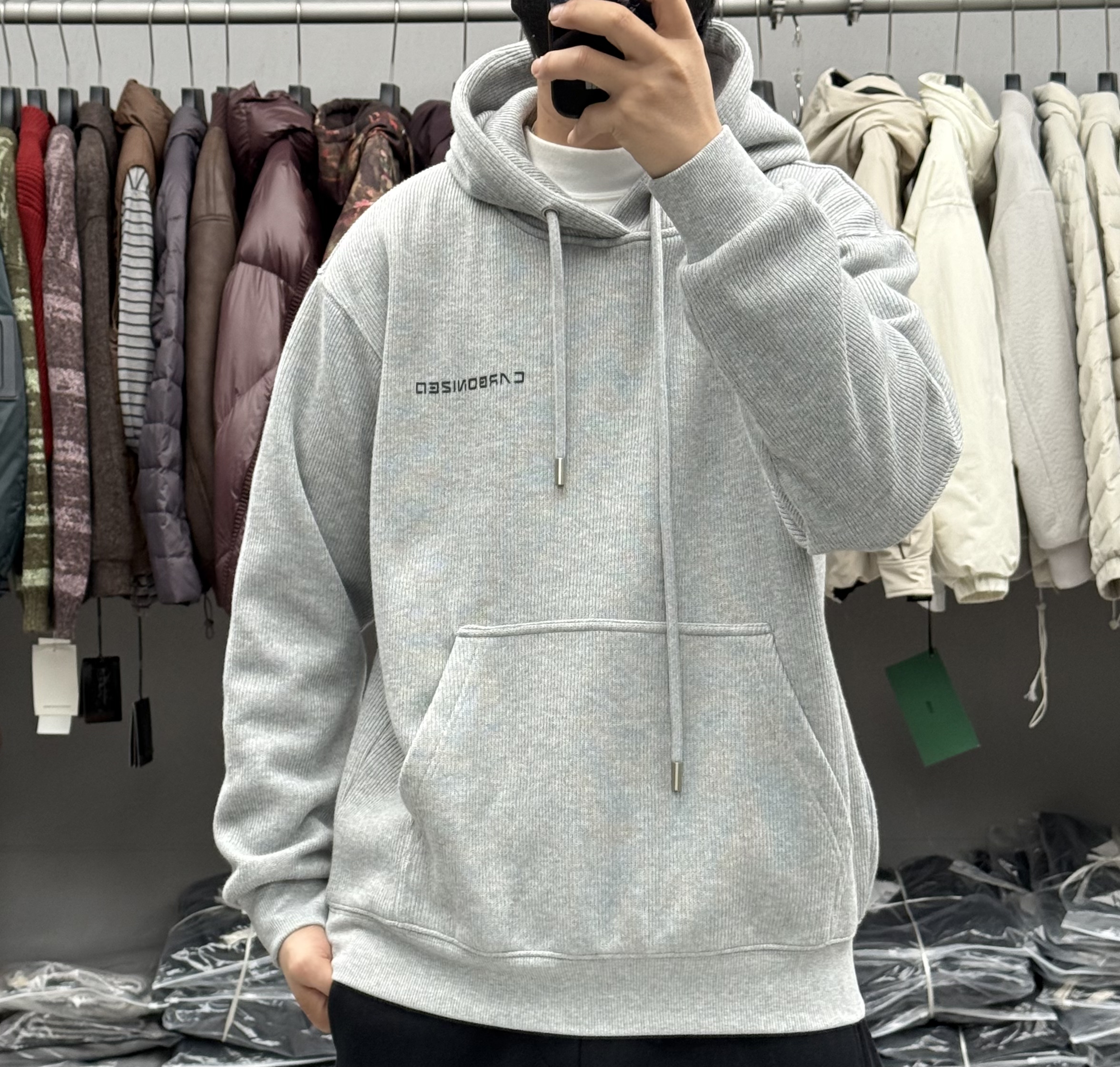 径尺冬季男简约小字母印花连帽加绒卫衣美式宽松加厚保暖痞帅帽衫