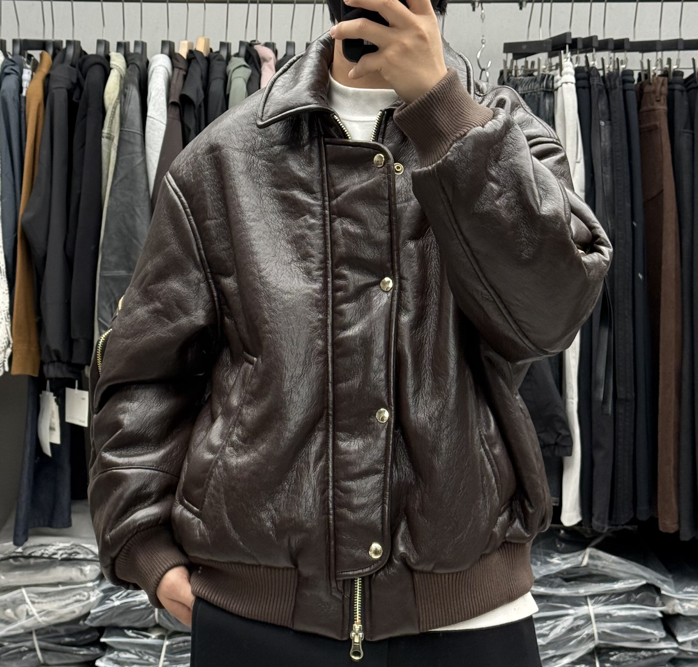 美式高街oversize短款Pu皮90白鹅绒羽绒服男加厚宽松痞帅机车外套