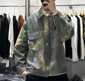 单目冬季男渐变色做旧翻领工装牛仔羽绒服美式复古加厚保暖外套潮