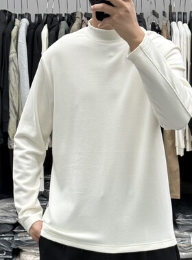 QFO冬季高端亲肤垂感半高领磨毛长袖T恤男加厚保暖纯色羊毛打底衫