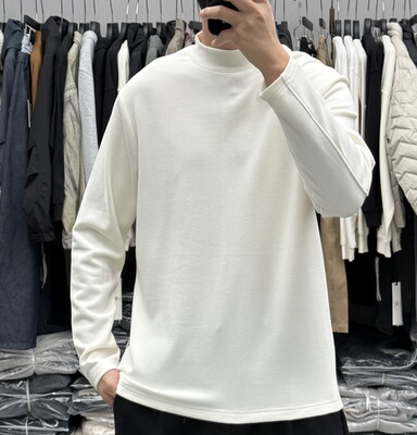 QFO冬季高端亲肤垂感半高领磨毛长袖T恤男加厚保暖纯色羊毛打底衫