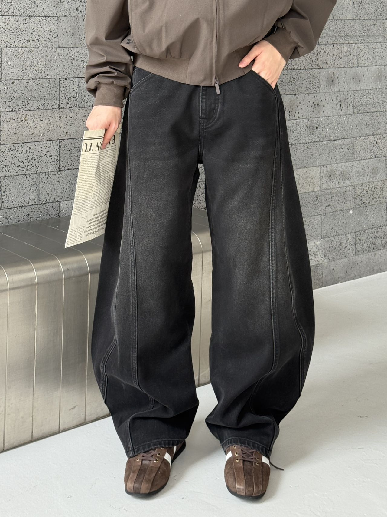 美式复古重工水洗做旧加绒弯刀牛仔裤男冬季潮流直筒阔腿痞帅长裤