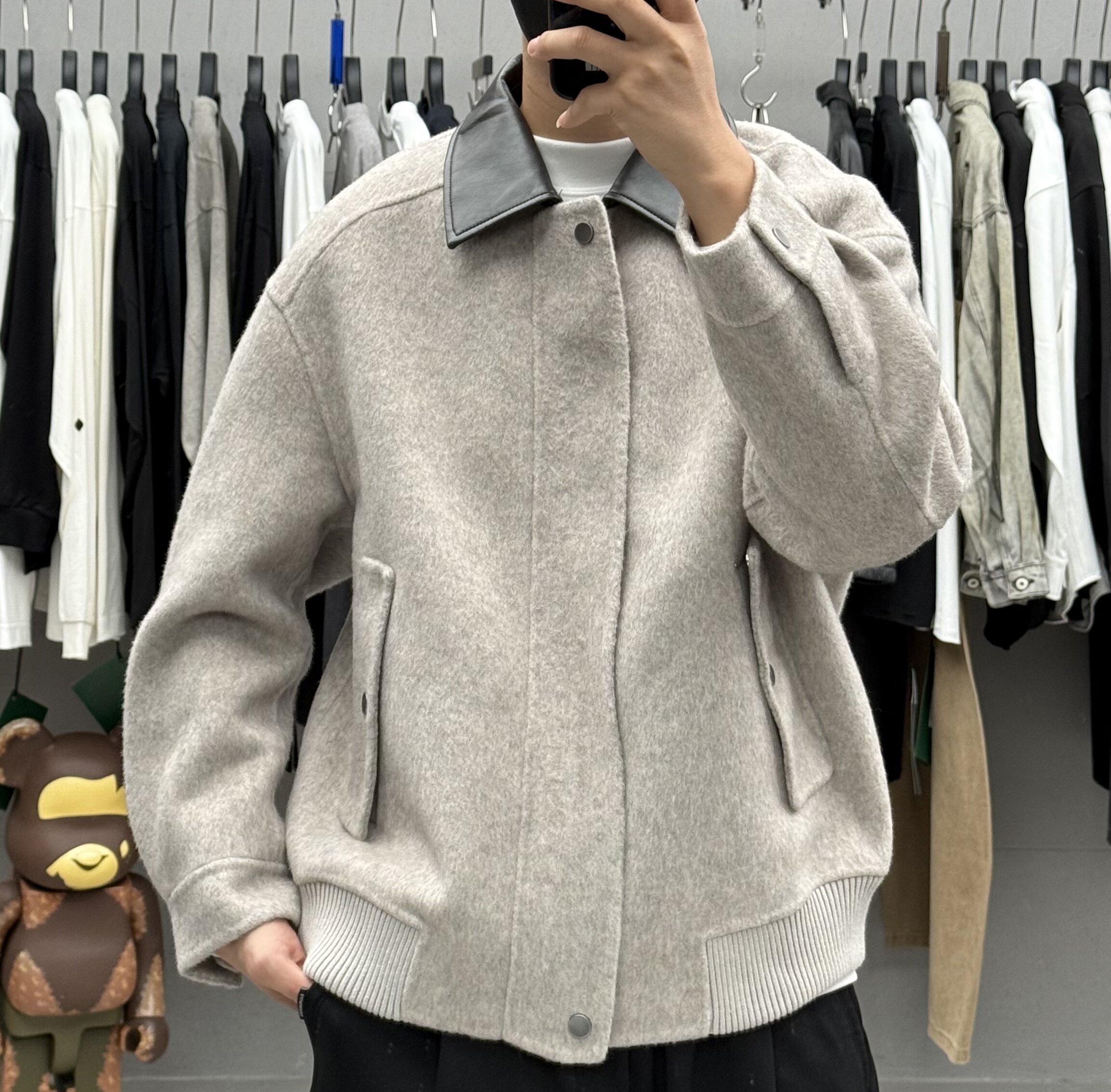 高级感轻奢Pu皮领拼接短款翻领双面羊毛呢大衣男秋冬加厚保暖外套