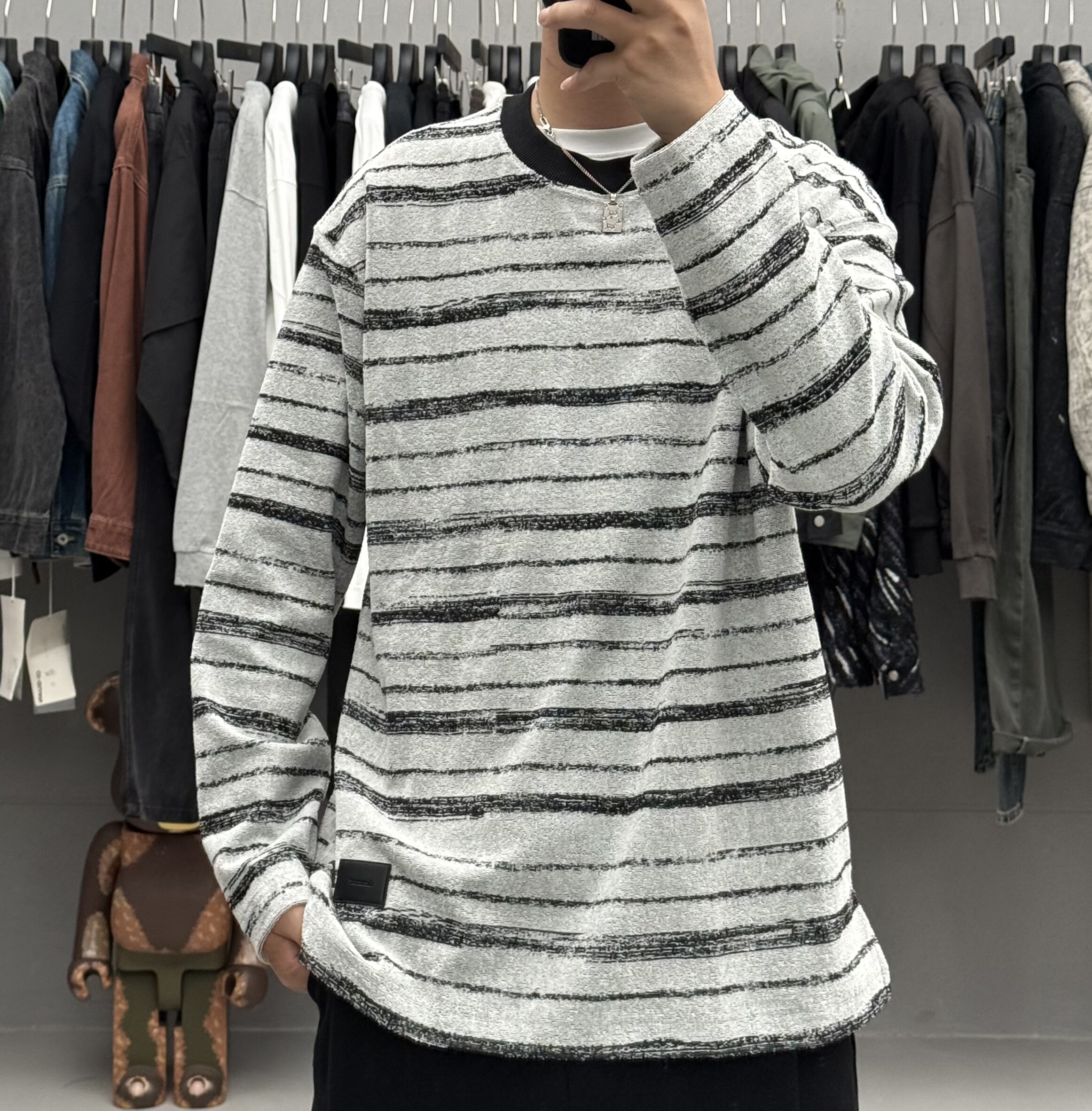 BY3秋季新款男复古撞色条纹圆领长袖卫T美式潮牌休闲宽松痞帅上衣