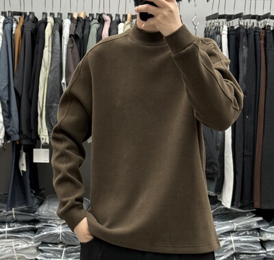 高级感纯色亲肤加厚磨毛半高领长袖T恤男秋冬简约保暖羊毛打底衫t