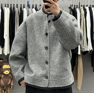 高端轻奢假两件拼接撞色100%双面羊毛呢大衣韩系休闲加厚保暖外套