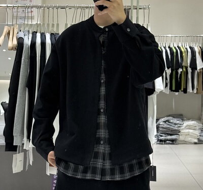 H-ZK秋季男复古格子拼接假两件亨利领夹克日系宽松痞帅针织外套潮