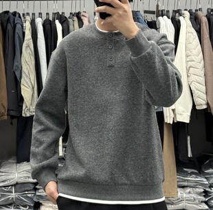 美式复古假两件拼接亨利领圆领加绒卫衣男冬季加厚保暖羊毛打底衫