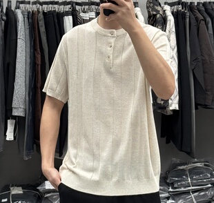 QFO春夏男高级感复古坑条亨利领短袖T恤韩系百搭宽松亚麻针织衫潮