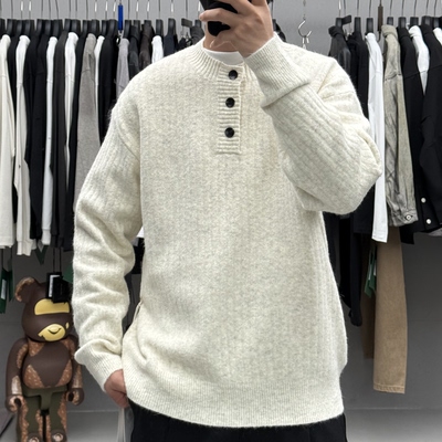 高级感韩系复古简约亨利领套头毛衣男秋冬宽松保暖羊毛打底针织衫