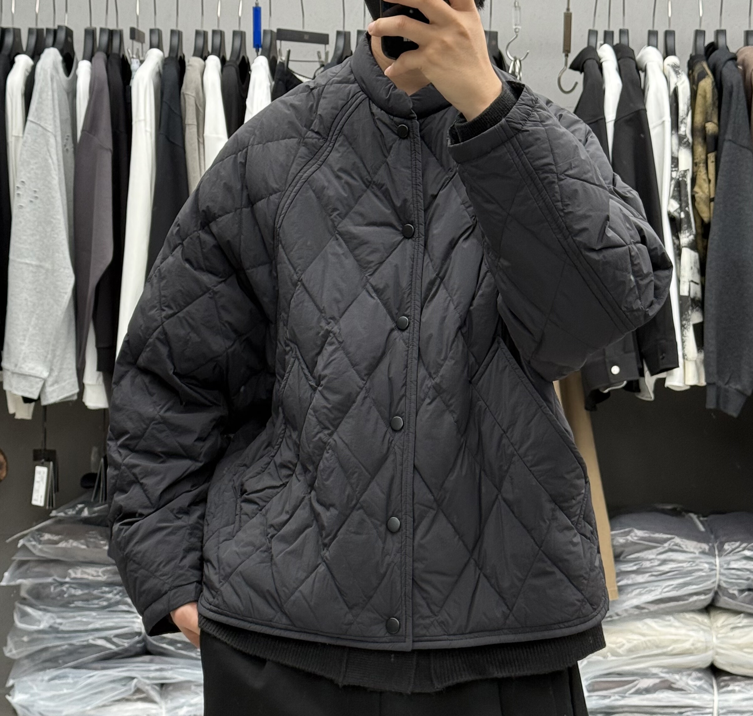 2025冬季男假两件拼接菱形格双层立领羽绒服日系保暖90白鸭绒外套