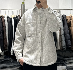 小香风粗花呢工装衬衫款羽绒服男冬季日系保暖90白鸭绒编织外套潮