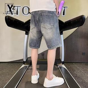 五分牛仔短裤男韩版破洞宽松修身夏季薄款七分休闲中裤复古大码潮