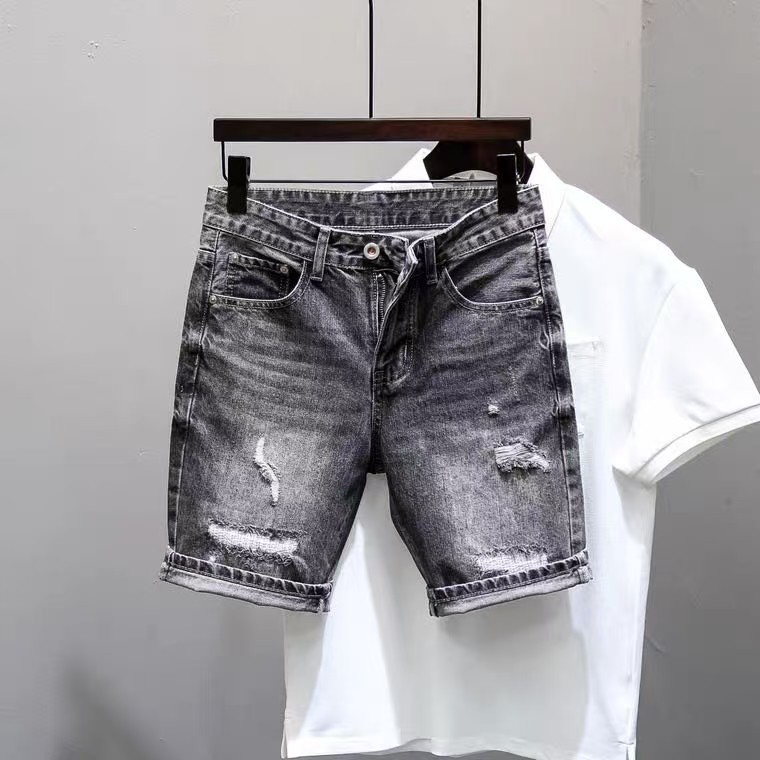 破洞牛仔短裤男夏季新款黑灰色修身小直筒裤美式高街百搭五分裤子,男装,短裤,淘宝优惠券,粉丝福利购,淘宝优惠卷