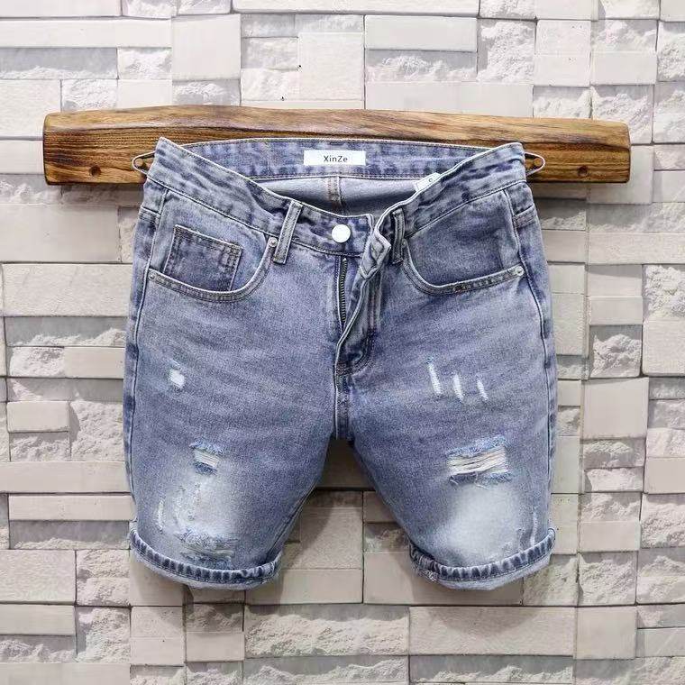 夏季个性破洞牛仔短裤男款时尚潮流痞帅休闲五分裤浅蓝色破烂中裤,男装,短裤,淘宝优惠券,粉丝福利购,淘宝优惠卷