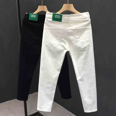 高端小脚九分休闲裤男款夏季薄款2025新款潮牌男士修身白色牛仔裤