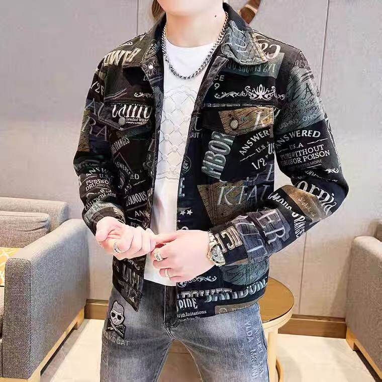 个性印花牛仔外套男士春秋季2026新款潮牌痞帅休闲宽松工装夹克男