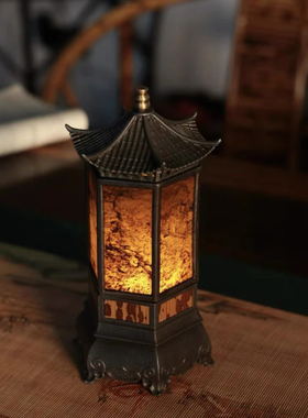 【古篱】岩石湘妃竹六角宫灯烛台中式茶室摆件茶桌氛围灯茶台摆件