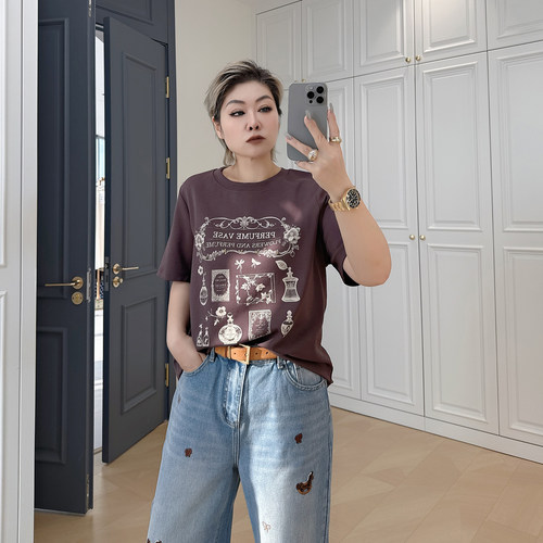 大码女装胖mm复古减龄短袖t恤