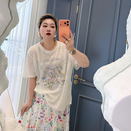 大码女装胖mm亚麻提花短袖t恤