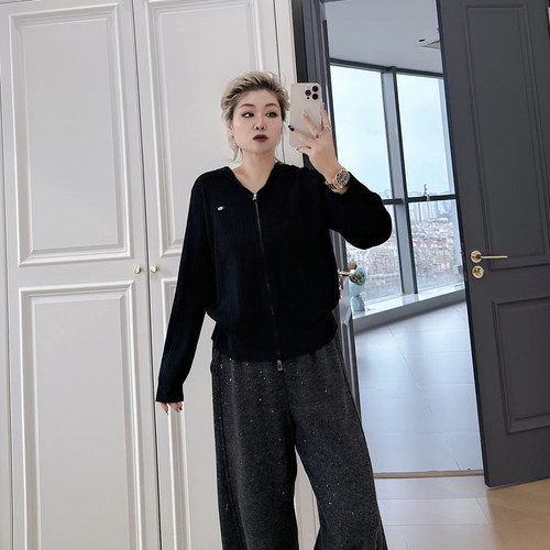 大码女装胖mm连帽双拉链针织开衫