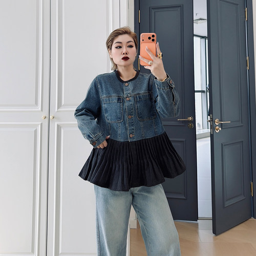 大码女装胖mm时尚韩版牛仔外套