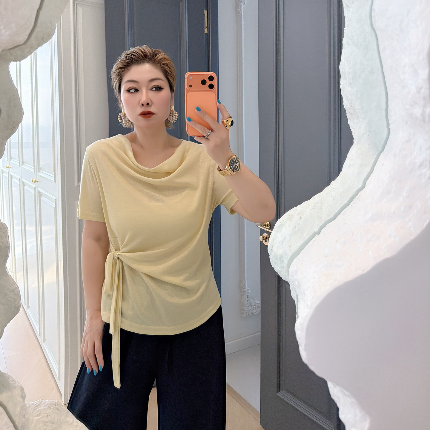 大码女装胖mm纯色绑带收腰上衣图片