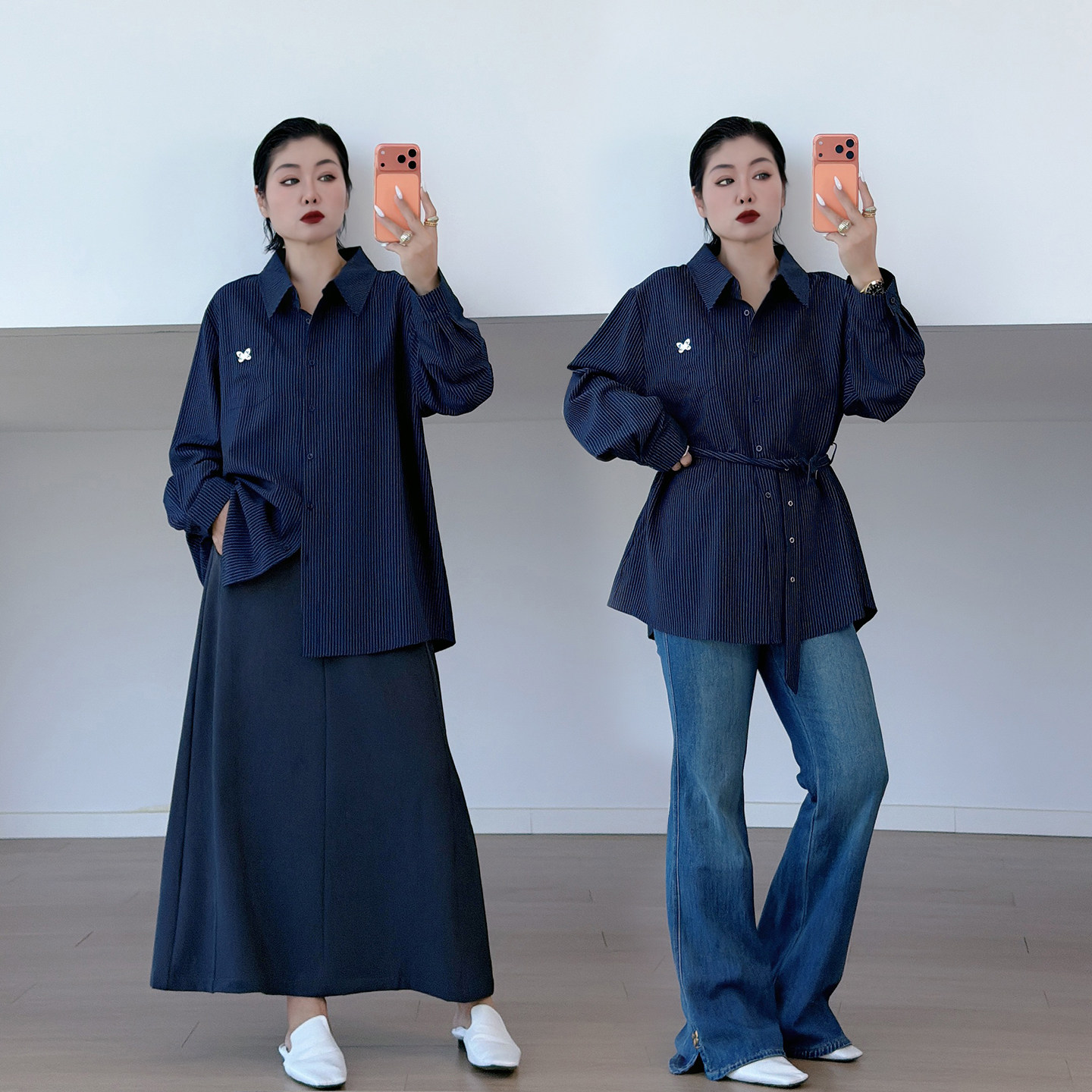 全脂家2026秋季大码女装设计感条纹上衣200斤胖mm休闲风长袖衬衫