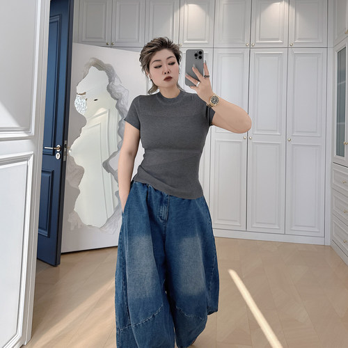 大码女装胖mm镂空针织半高领短袖